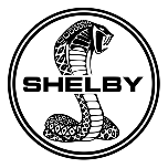 Cobra logo with "Shelby" text in bold, featuring a coiled snake, set against a circular background.