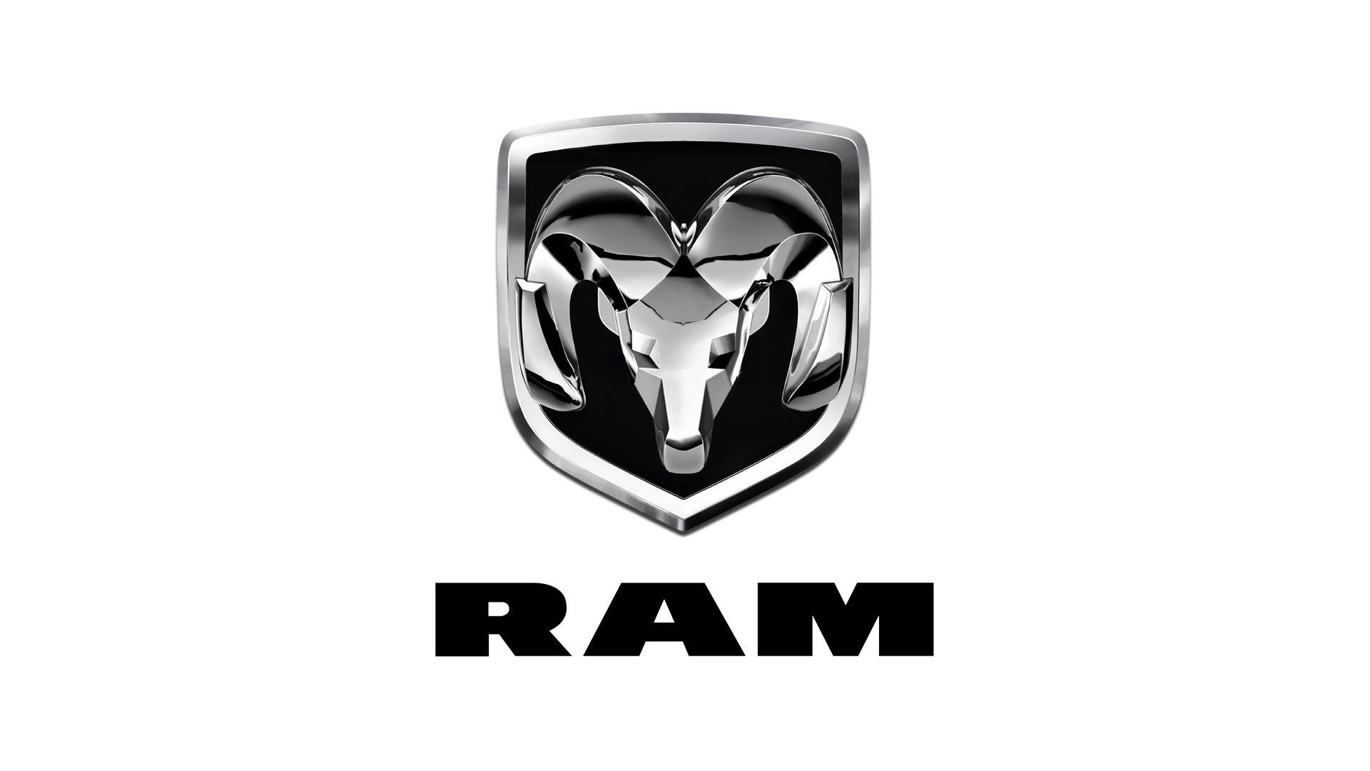 Chrome ram head logo with the word "RAM" below; emblem of a vehicle brand.